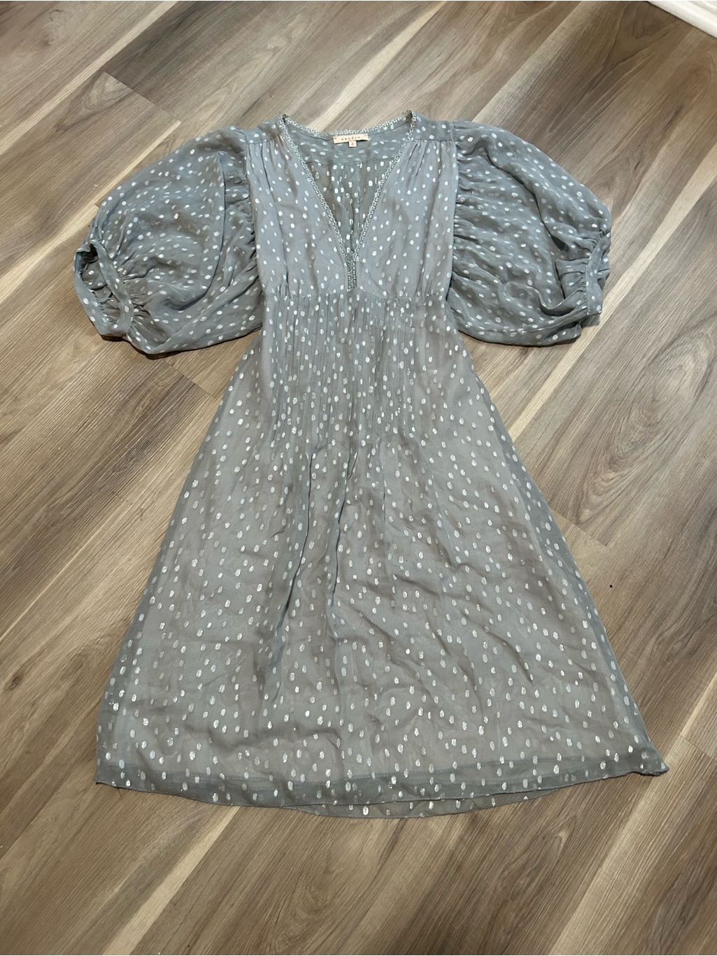 Sandro Smocked V-Neck Puff Sleeve Midi Dress In Light Gray With Silver Dots
